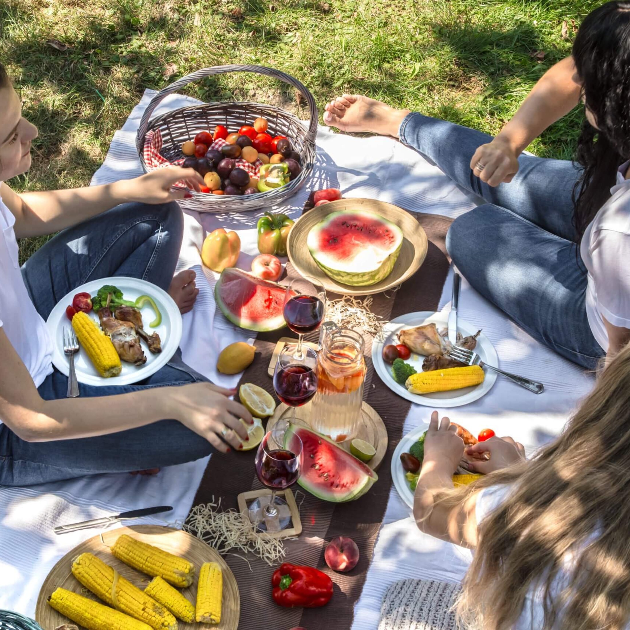 Summer picnic with friends in nature with food and drinks . The concept of personal time and summer vacation. Friendly communication and common interests.